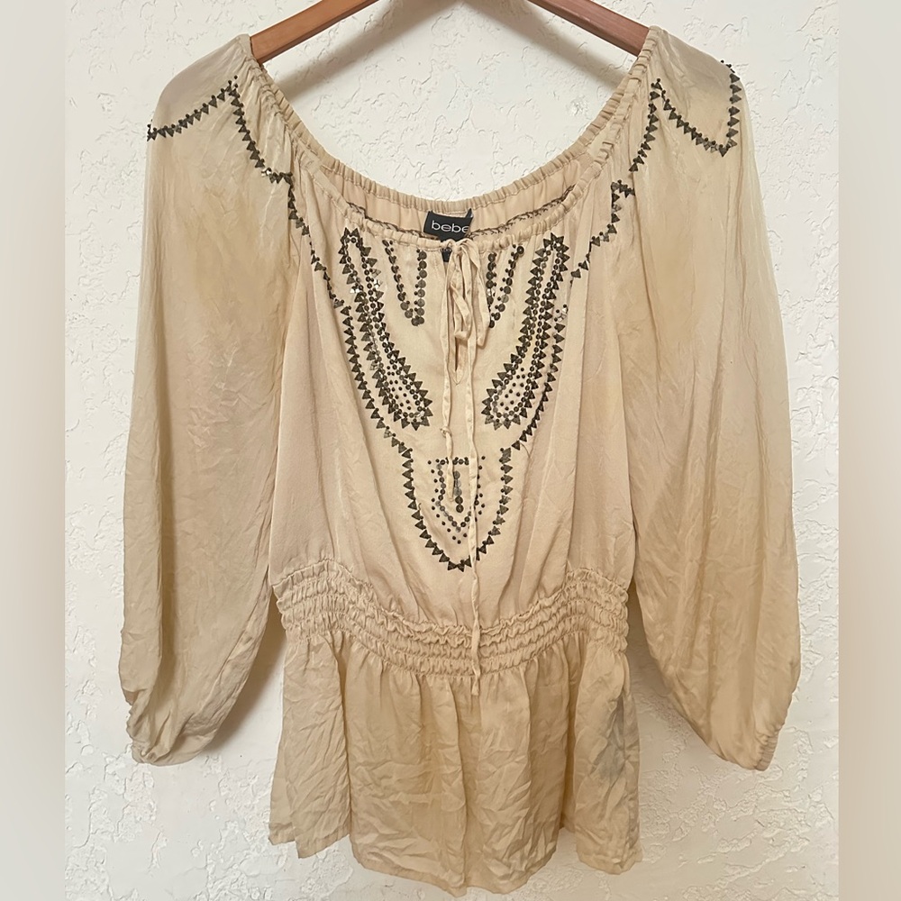 Bebe Tan Embroidered Blouse